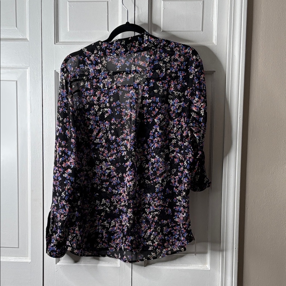 Express Black Sheer Floral Blouse with Blue, Cream and Pink Accents. Sz L - Picture 7 of 7